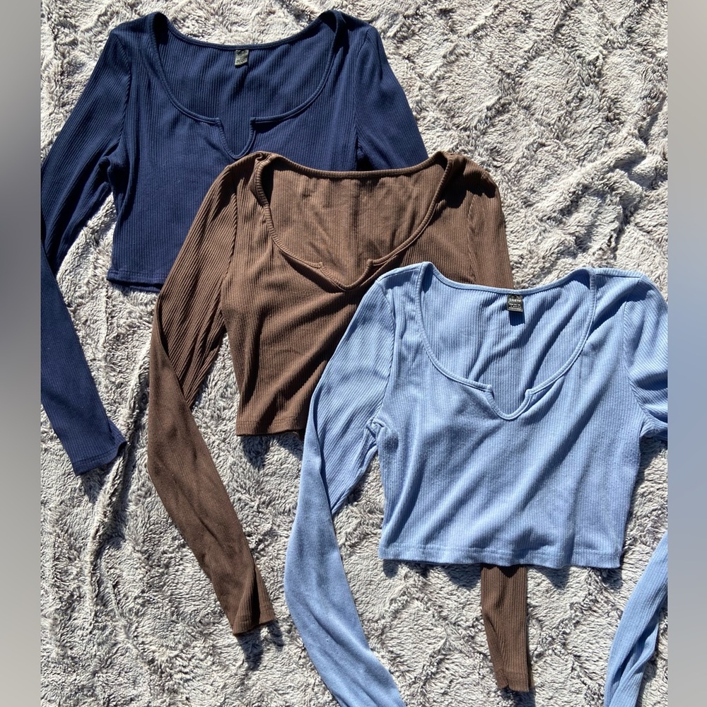 3 Long Sleeve Crop Tees - Large, SHEIN